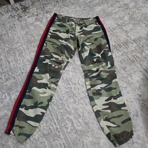 MOTHER Camo Ankle Cargo Pants with Red & Navy Side Stripe